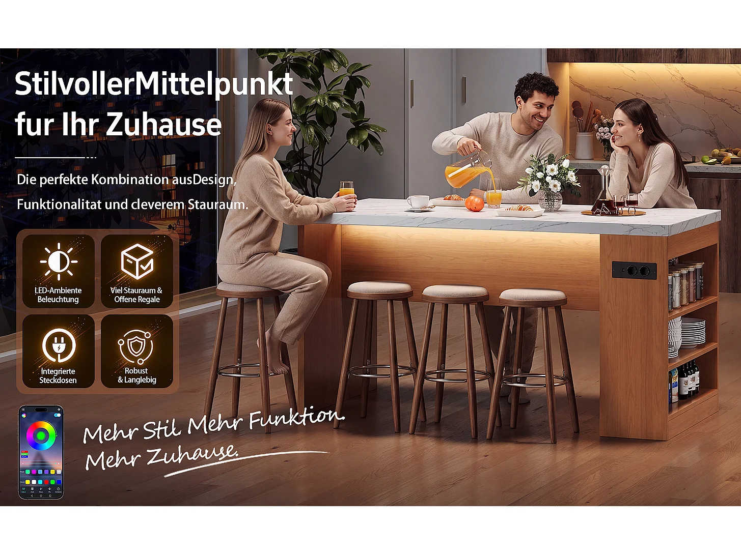 Îlot central de cuisine multifonctionnel avec LED et prises électriques - 2 prises + 2 ports USB - 155 x 80 x 90 cm – MDF –  Naturel + blanc