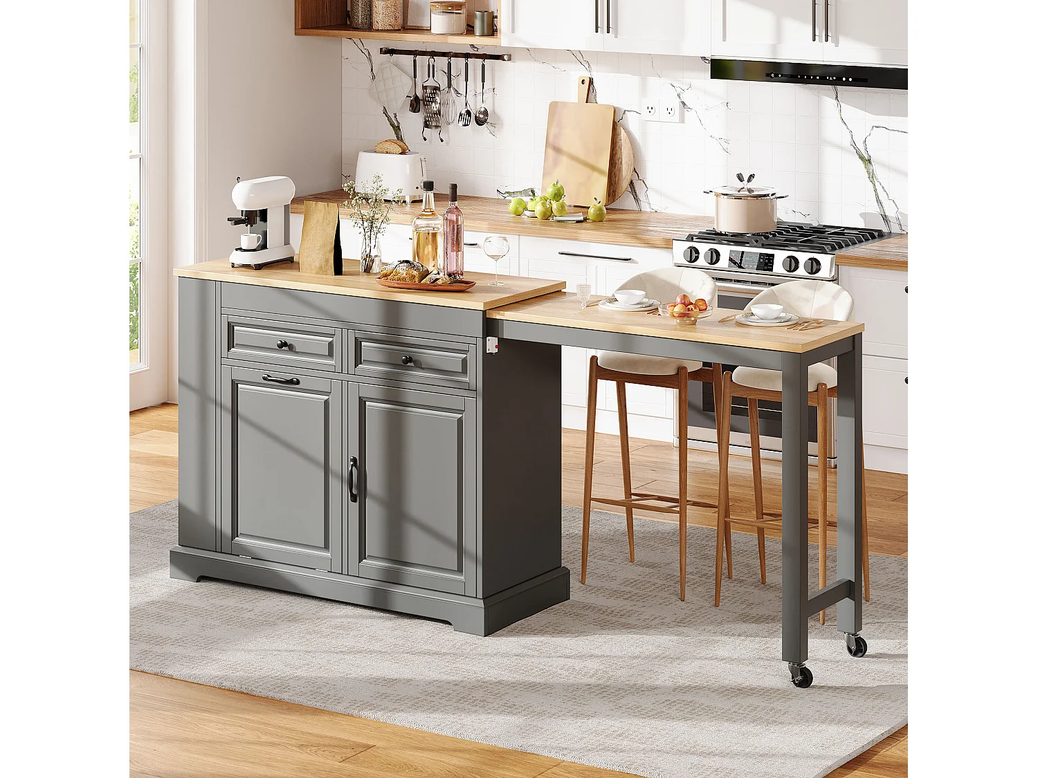 Ilha de cozinha extensível com compartimento para lixo, área de refeições, 2 portas e 2 gavetas – 112–180 x 45 x 92 cm – MDF – Cinza