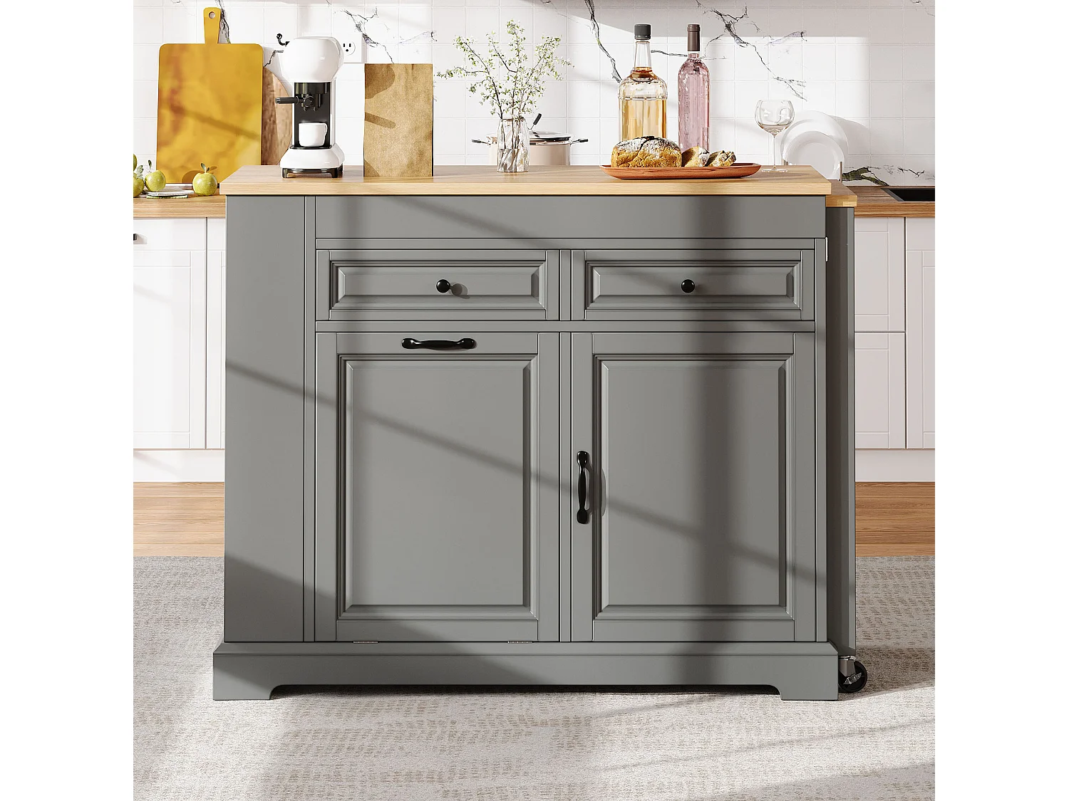 Ilha de cozinha extensível com compartimento para lixo, área de refeições, 2 portas e 2 gavetas – 112–180 x 45 x 92 cm – MDF – Cinza