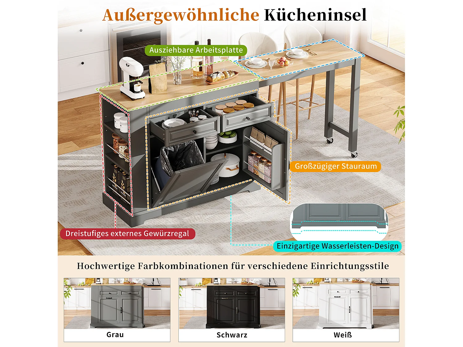 Ilha de cozinha extensível com compartimento para lixo, área de refeições, 2 portas e 2 gavetas – 112–180 x 45 x 92 cm – MDF – Cinza