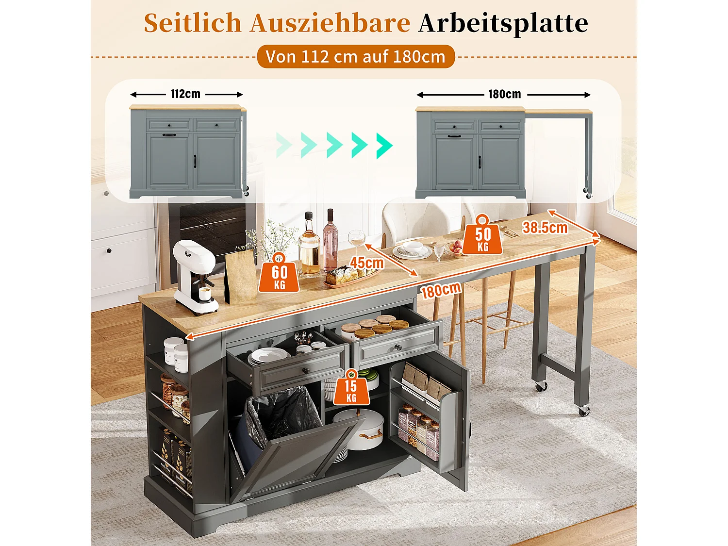 Ilha de cozinha extensível com compartimento para lixo, área de refeições, 2 portas e 2 gavetas – 112–180 x 45 x 92 cm – MDF – Cinza