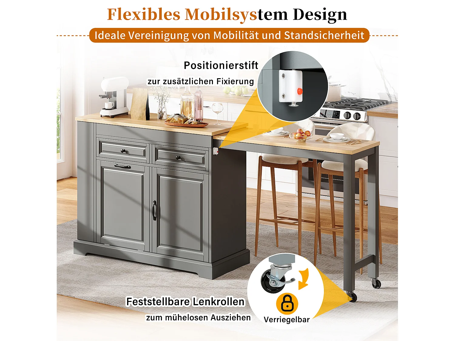 Ilha de cozinha extensível com compartimento para lixo, área de refeições, 2 portas e 2 gavetas – 112–180 x 45 x 92 cm – MDF – Cinza
