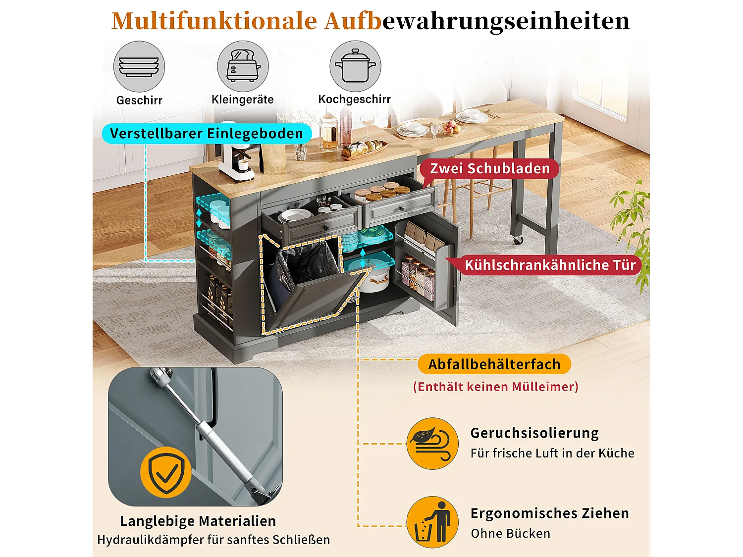 Ilha de cozinha extensível com compartimento para lixo, área de refeições, 2 portas e 2 gavetas – 112–180 x 45 x 92 cm – MDF – Cinza