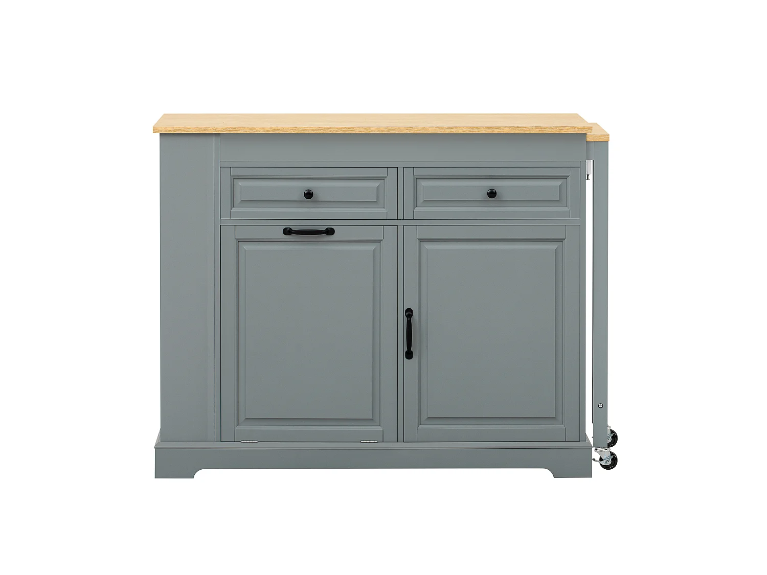 Ilha de cozinha extensível com compartimento para lixo, área de refeições, 2 portas e 2 gavetas – 112–180 x 45 x 92 cm – MDF – Cinza
