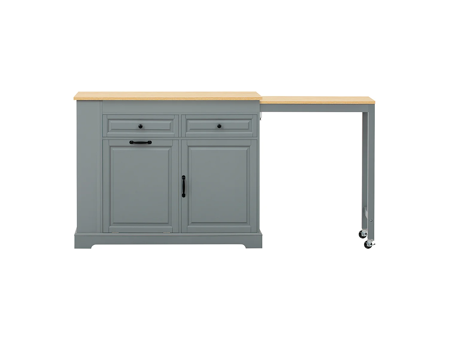 Ilha de cozinha extensível com compartimento para lixo, área de refeições, 2 portas e 2 gavetas – 112–180 x 45 x 92 cm – MDF – Cinza