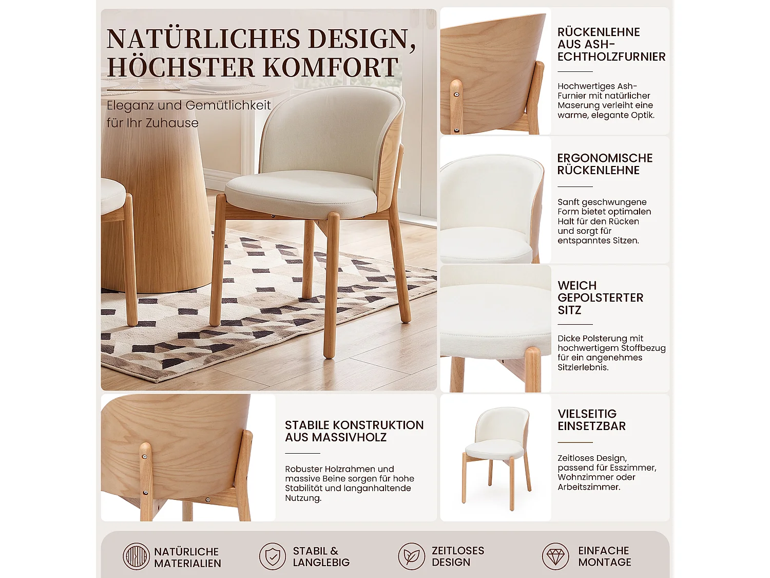 Lot de 6 chaises de salle à manger sans accoudoirs - Bois d'hévéa, placage de frêne et lin - 57 x 49 x 74 cm - Bois naturel