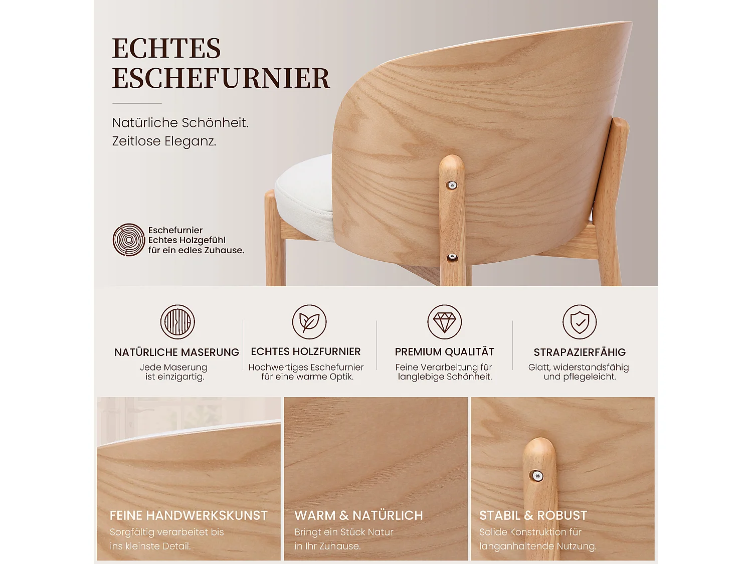 Lot de 6 chaises de salle à manger sans accoudoirs - Bois d'hévéa, placage de frêne et lin - 57 x 49 x 74 cm - Bois naturel