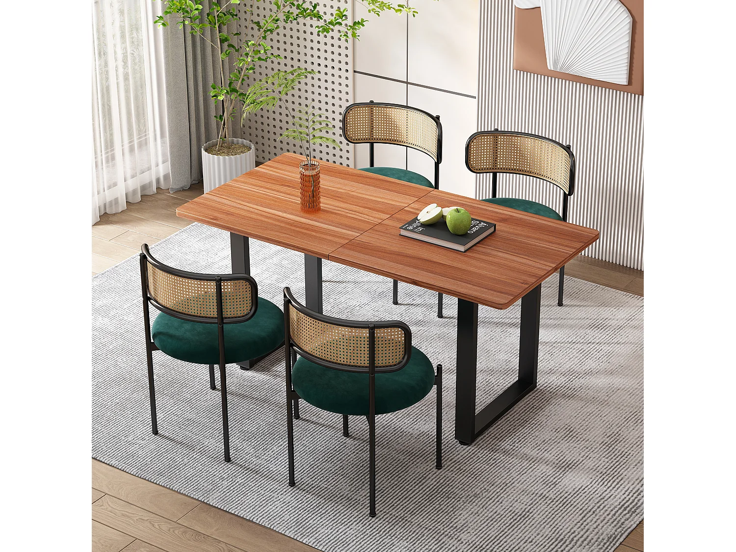 Lot de 4 chaises de salle à manger sans accoudoirs - Siège rond en velours, dossier en rotin et pieds en métal - Vert