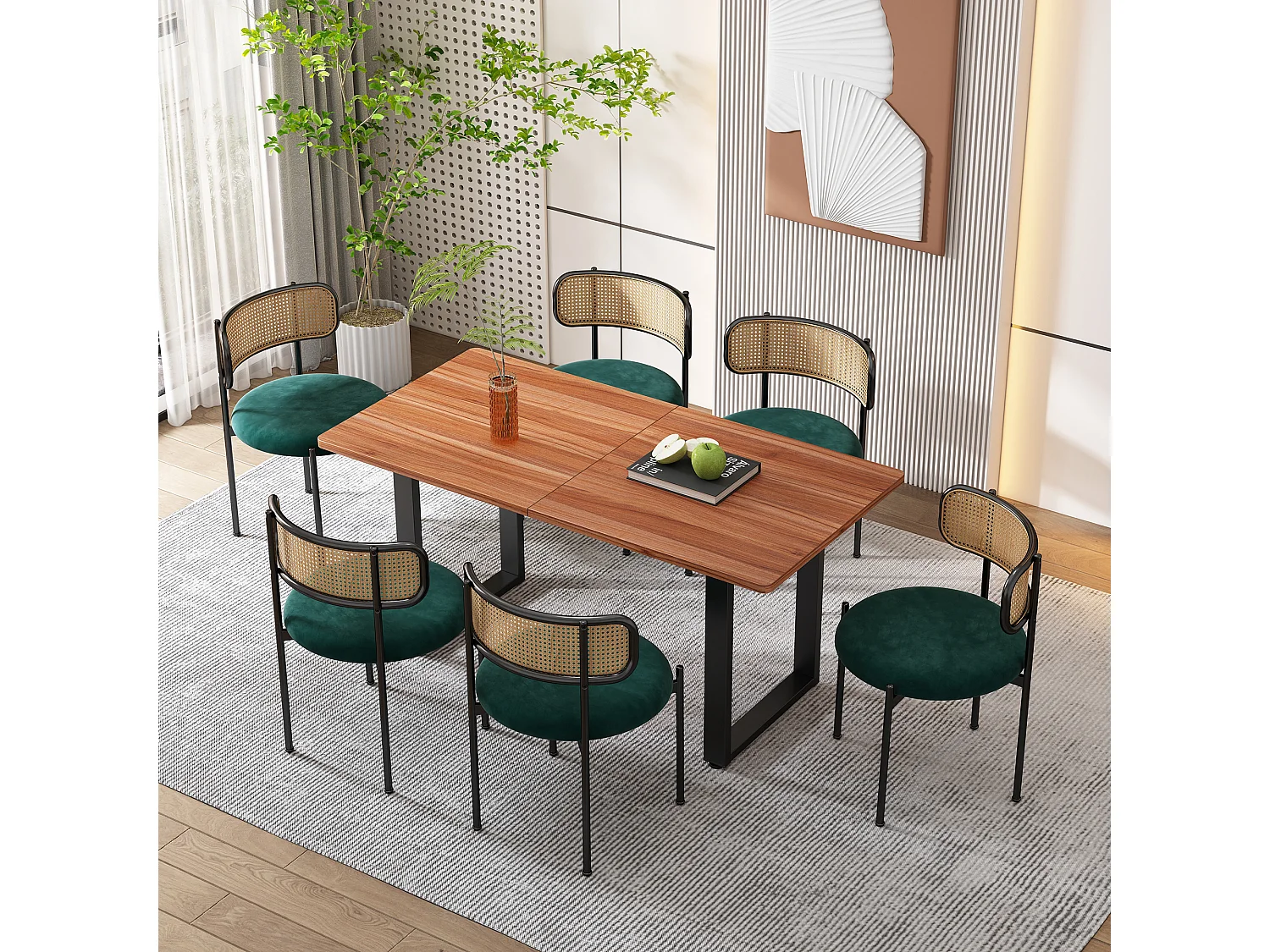 Lot de 4 chaises de salle à manger sans accoudoirs - Siège rond en velours, dossier en rotin et pieds en métal - Vert