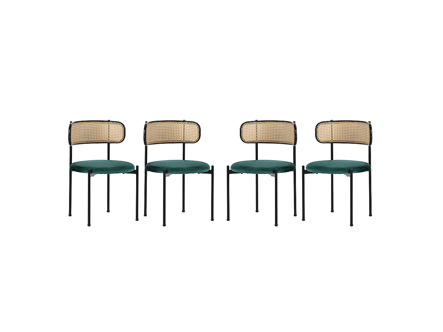 Lot de 4 chaises de salle à manger sans accoudoirs - Siège rond en velours, dossier en rotin et pieds en métal - Vert