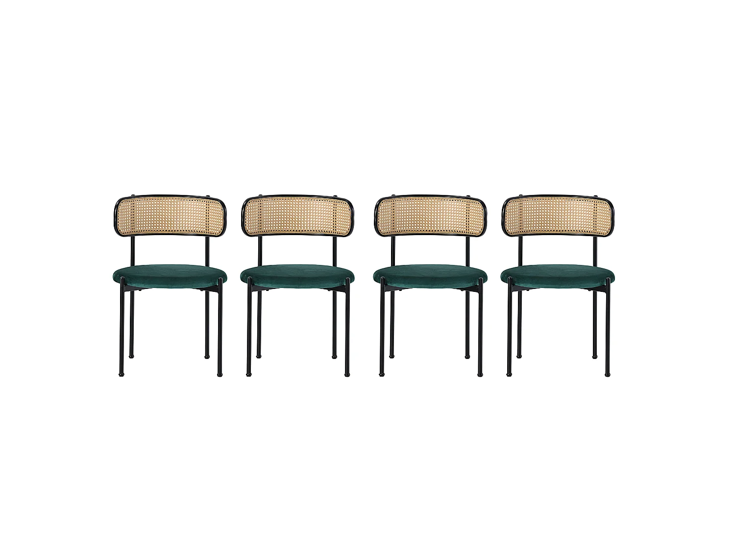 Lot de 4 chaises de salle à manger sans accoudoirs - Siège rond en velours, dossier en rotin et pieds en métal - Vert