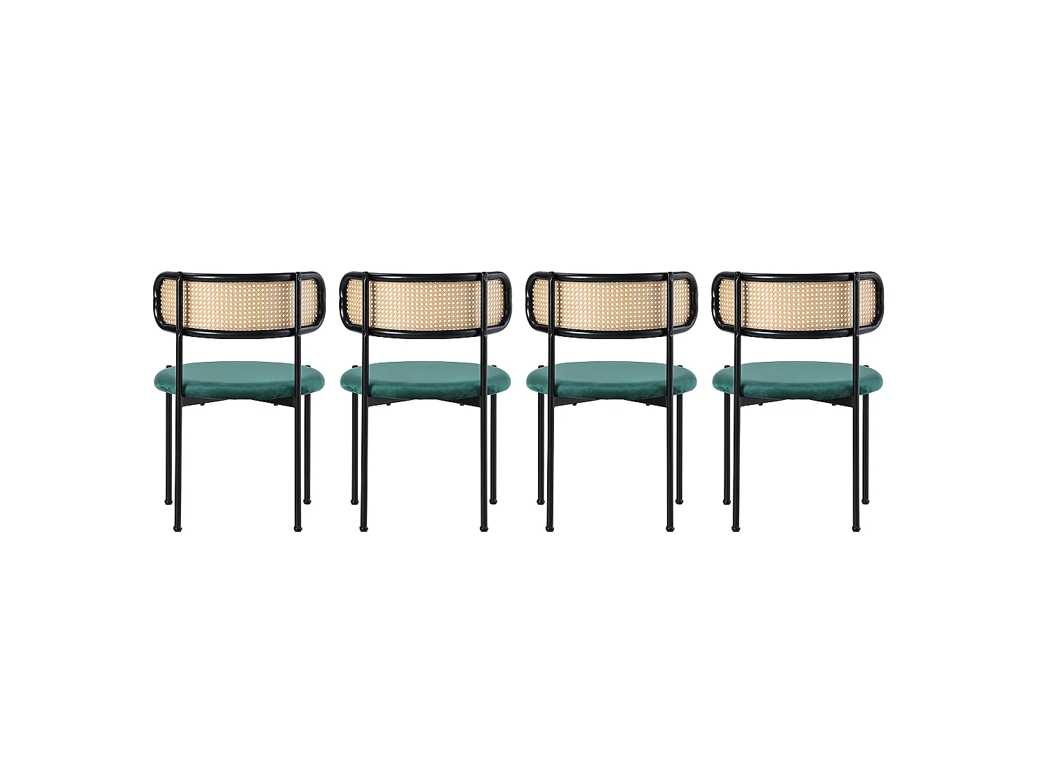 Lot de 4 chaises de salle à manger sans accoudoirs - Siège rond en velours, dossier en rotin et pieds en métal - Vert