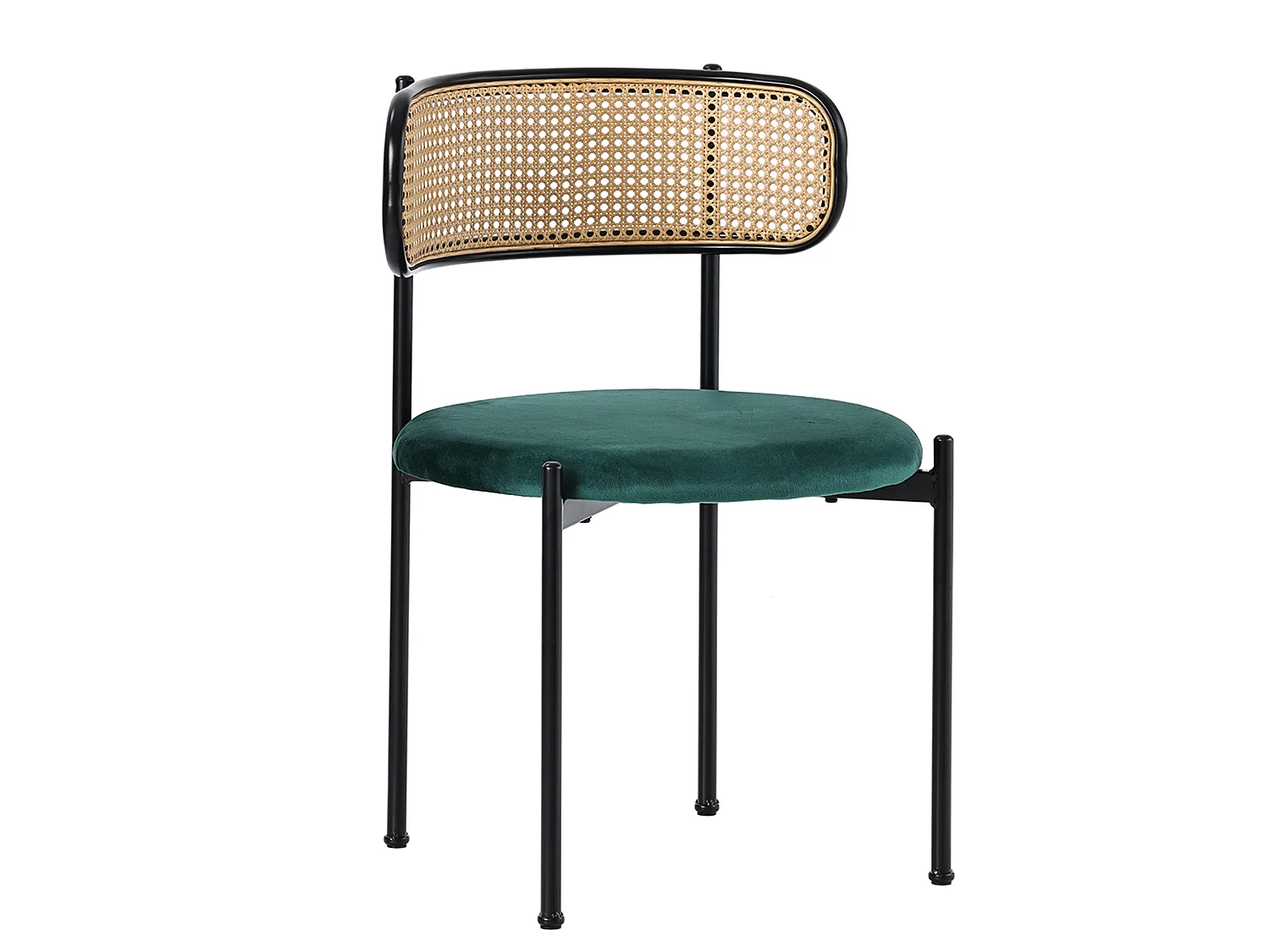Lot de 4 chaises de salle à manger sans accoudoirs - Siège rond en velours, dossier en rotin et pieds en métal - Vert