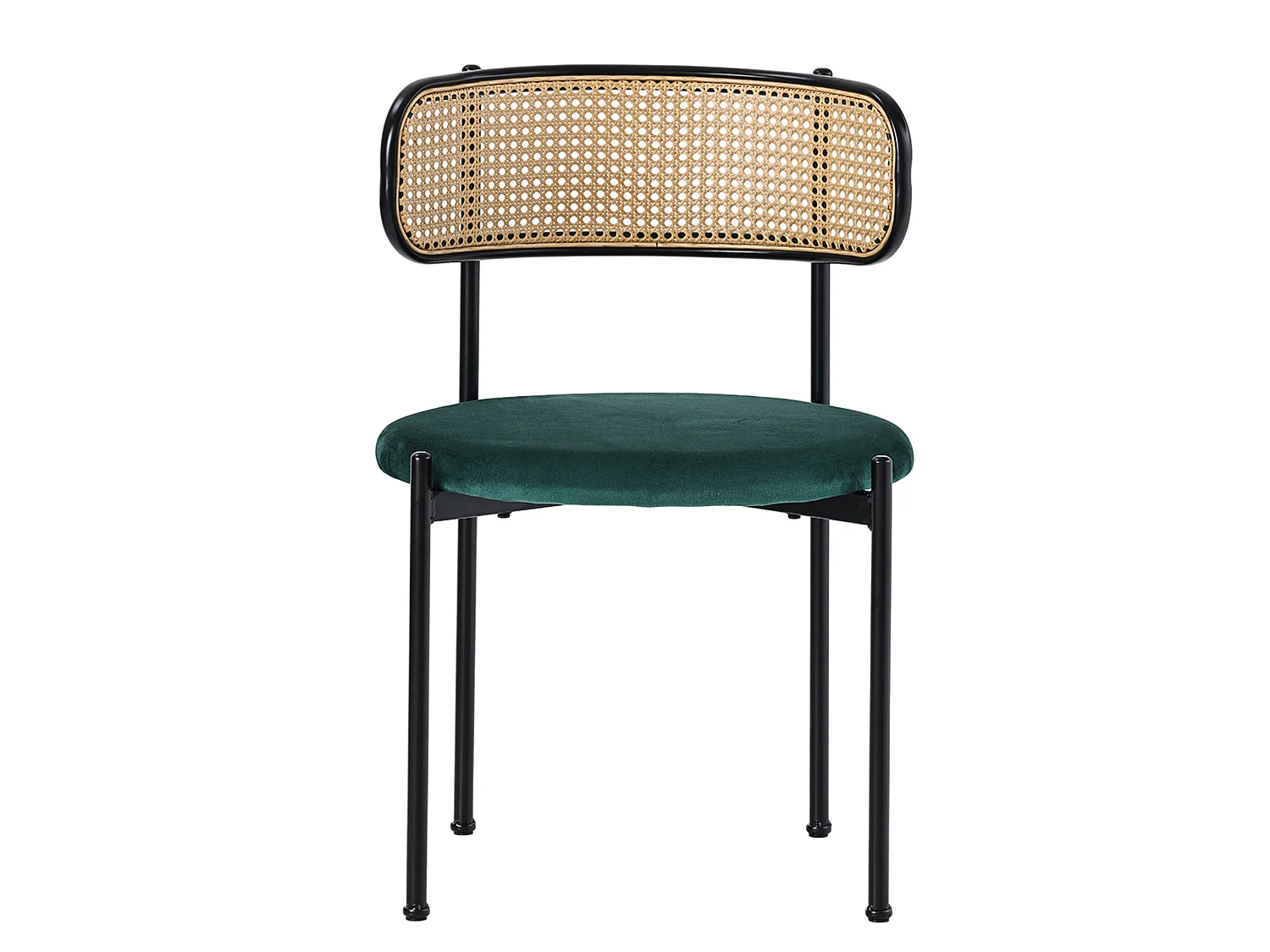 Lot de 4 chaises de salle à manger sans accoudoirs - Siège rond en velours, dossier en rotin et pieds en métal - Vert