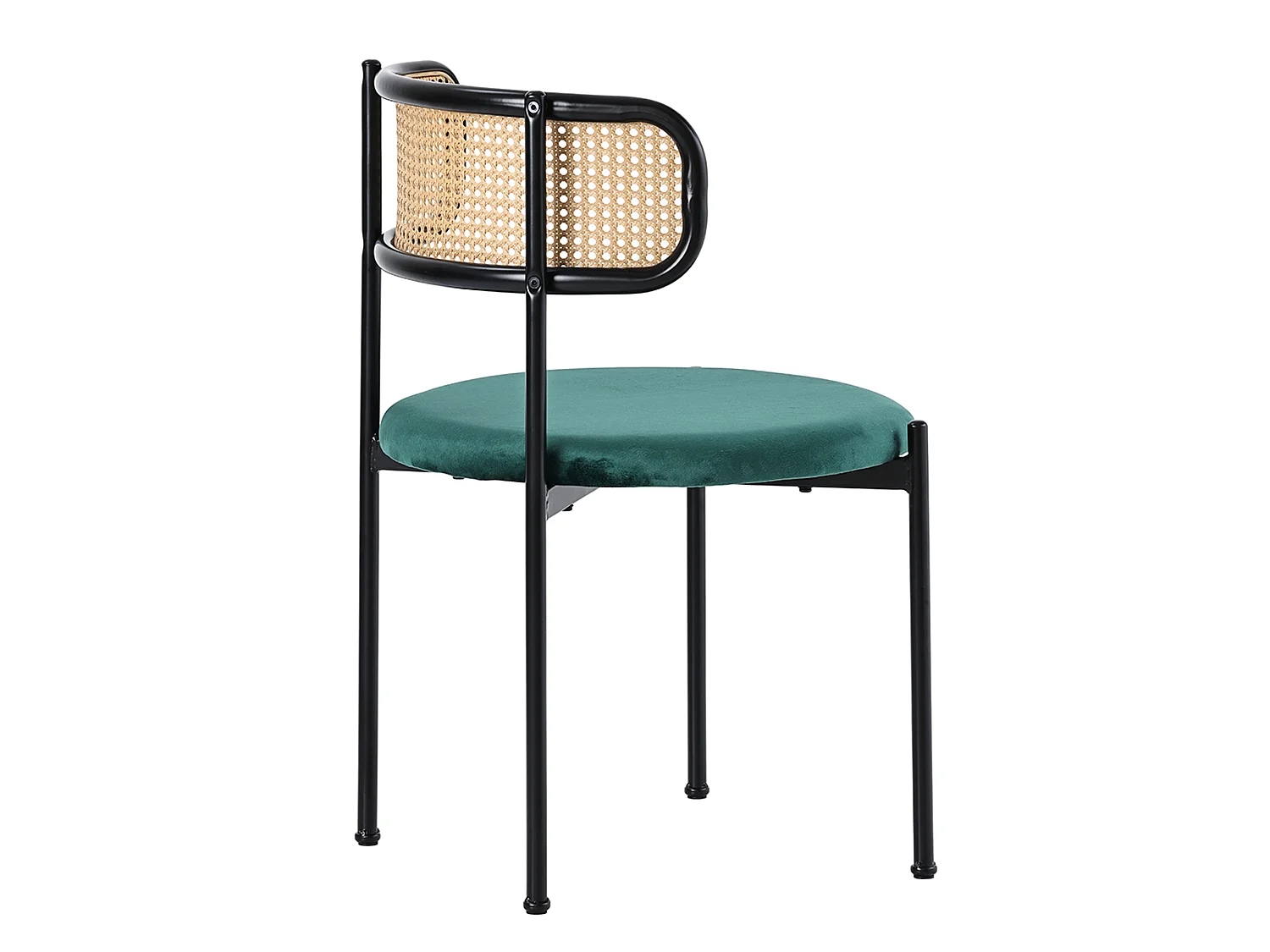 Lot de 4 chaises de salle à manger sans accoudoirs - Siège rond en velours, dossier en rotin et pieds en métal - Vert