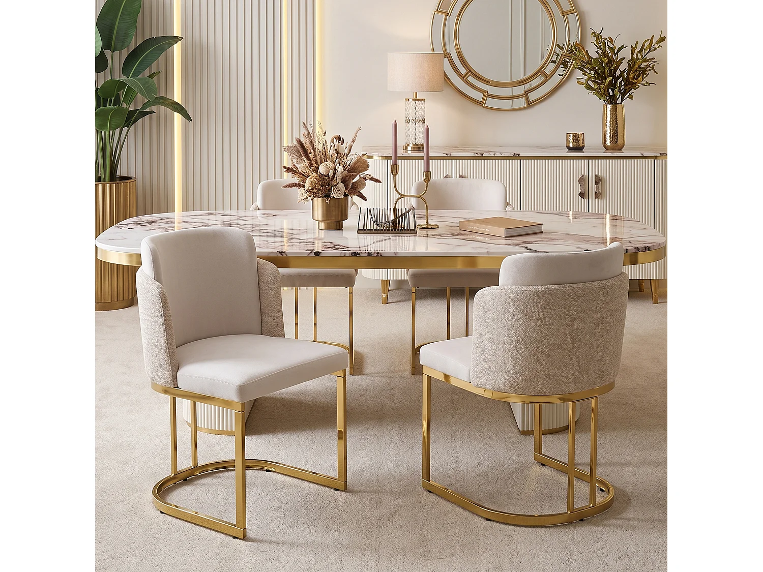 Conjunto de 6 cadeiras de jantar sem braços com pés de metal galvanizado - Chenille e metal - 61,5 x 53,5 x 86 cm - Bege + dourado