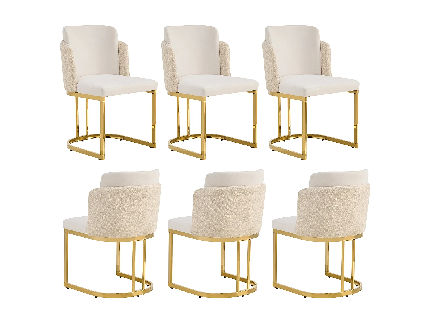 Conjunto de 6 cadeiras de jantar sem braços com pés de metal galvanizado - Chenille e metal - 61,5 x 53,5 x 86 cm - Bege + dourado
