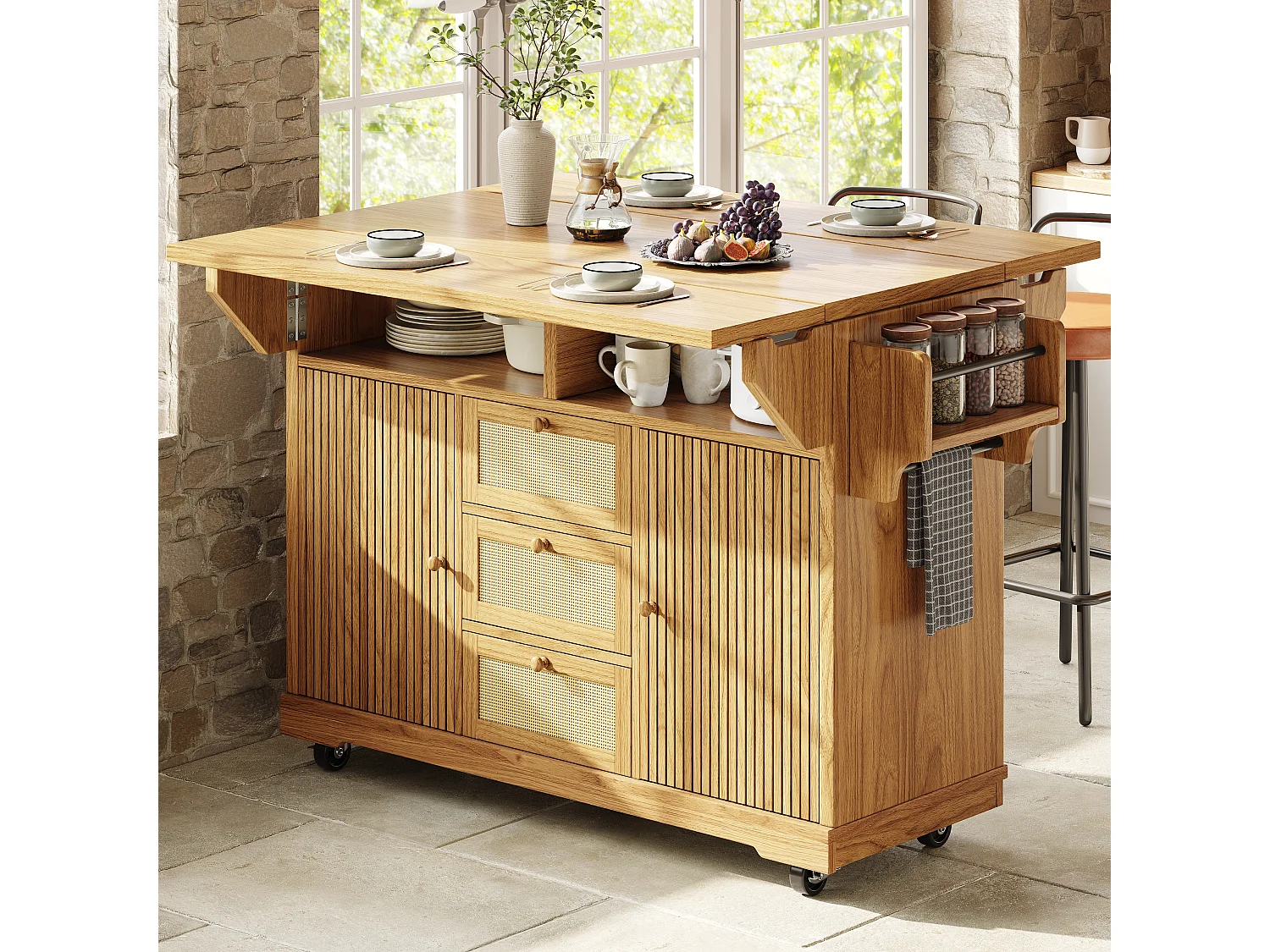Îlot central de cuisine pliable avec 3 tiroirs, 2 portes et étagères réglables - MDF/métal/rotin PE - 142,5 x 40-80 x 95 cm - Naturel