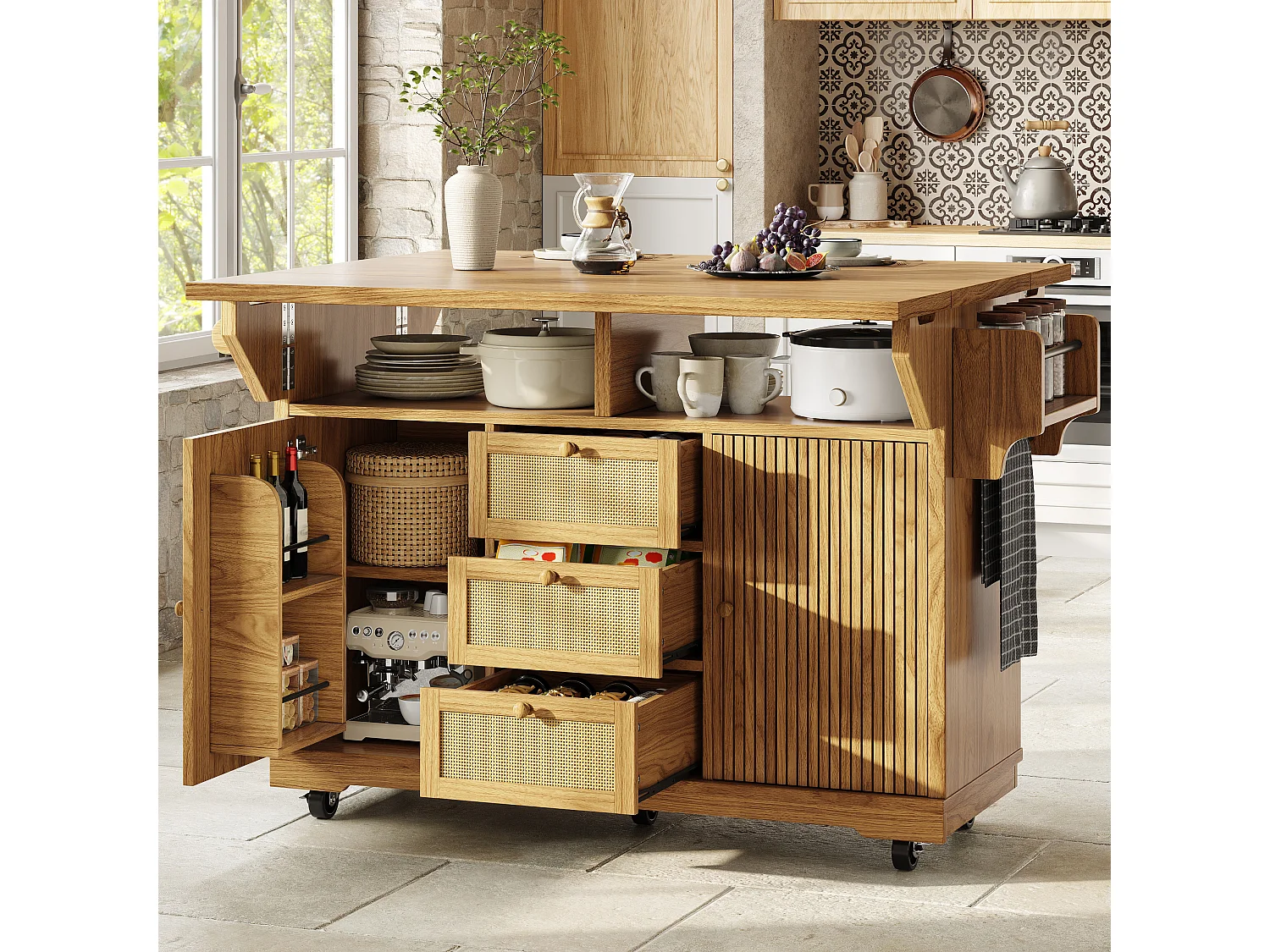 Îlot central de cuisine pliable avec 3 tiroirs, 2 portes et étagères réglables - MDF/métal/rotin PE - 142,5 x 40-80 x 95 cm - Naturel