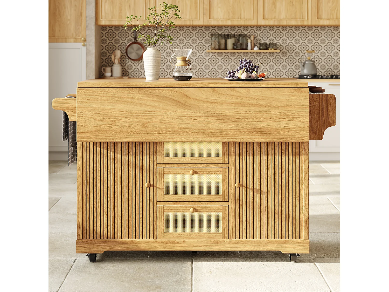 Îlot central de cuisine pliable avec 3 tiroirs, 2 portes et étagères réglables - MDF/métal/rotin PE - 142,5 x 40-80 x 95 cm - Naturel