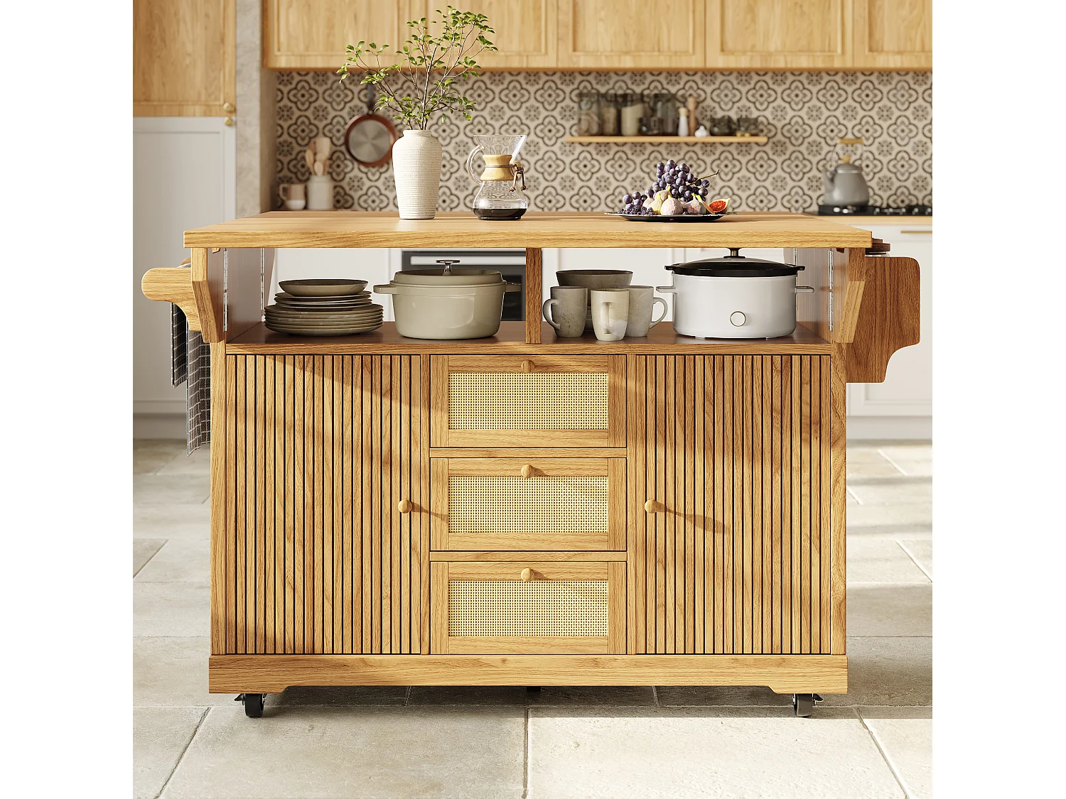 Îlot central de cuisine pliable avec 3 tiroirs, 2 portes et étagères réglables - MDF/métal/rotin PE - 142,5 x 40-80 x 95 cm - Naturel