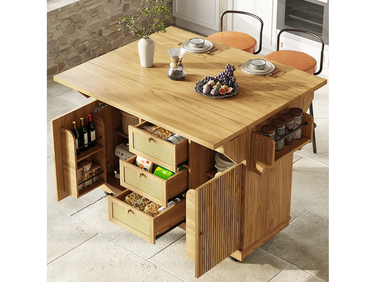 Îlot central de cuisine pliable avec 3 tiroirs, 2 portes et étagères réglables - MDF/métal/rotin PE - 142,5 x 40-80 x 95 cm - Naturel