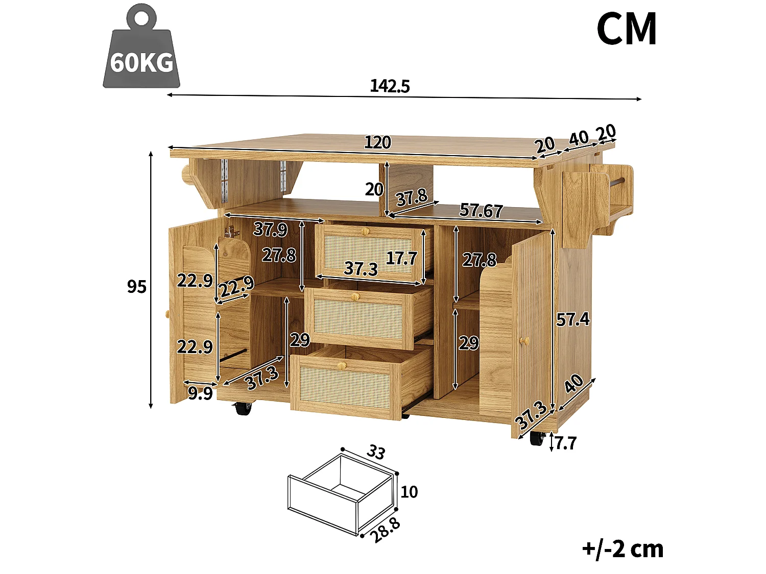 Îlot central de cuisine pliable avec 3 tiroirs, 2 portes et étagères réglables - MDF/métal/rotin PE - 142,5 x 40-80 x 95 cm - Naturel