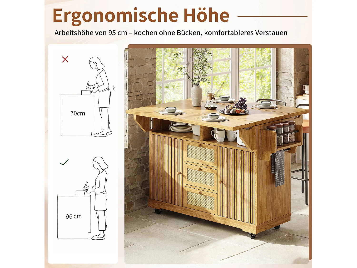 Îlot central de cuisine pliable avec 3 tiroirs, 2 portes et étagères réglables - MDF/métal/rotin PE - 142,5 x 40-80 x 95 cm - Naturel