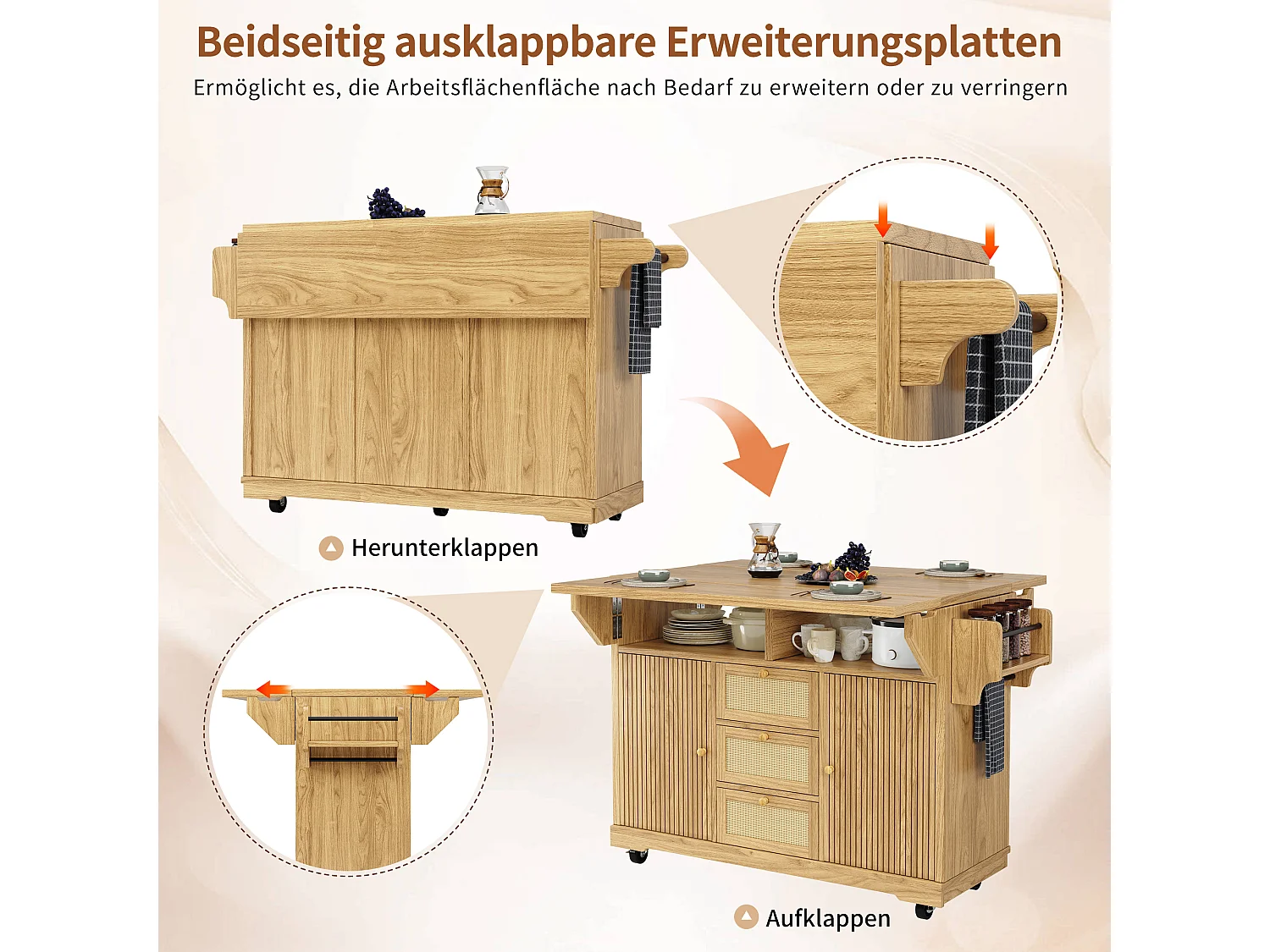 Îlot central de cuisine pliable avec 3 tiroirs, 2 portes et étagères réglables - MDF/métal/rotin PE - 142,5 x 40-80 x 95 cm - Naturel