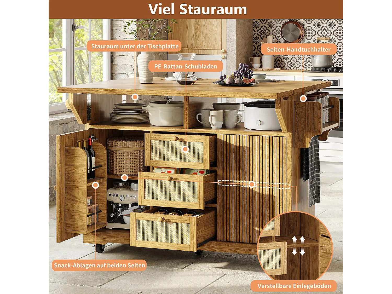 Îlot central de cuisine pliable avec 3 tiroirs, 2 portes et étagères réglables - MDF/métal/rotin PE - 142,5 x 40-80 x 95 cm - Naturel