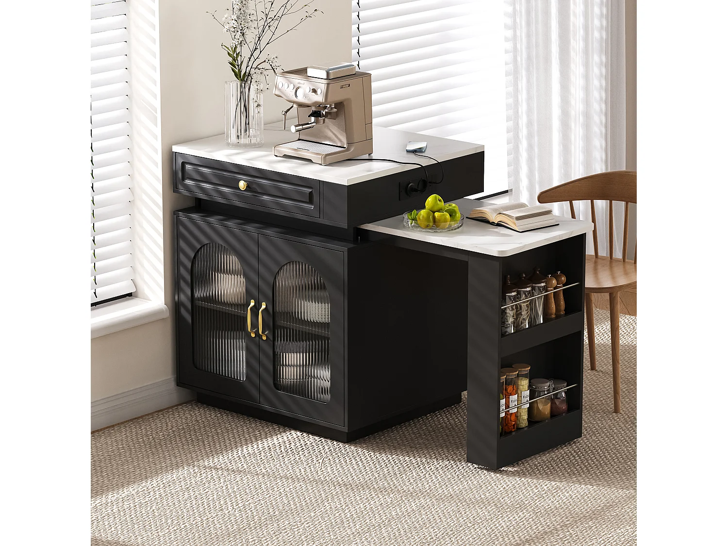 Îlot central de cuisine avec table à manger extensible - 2 portes, 2 tiroirs et 3 étagères à épices - 128/200x71x92 cm - MDF - LEDs et Prises - Noir
