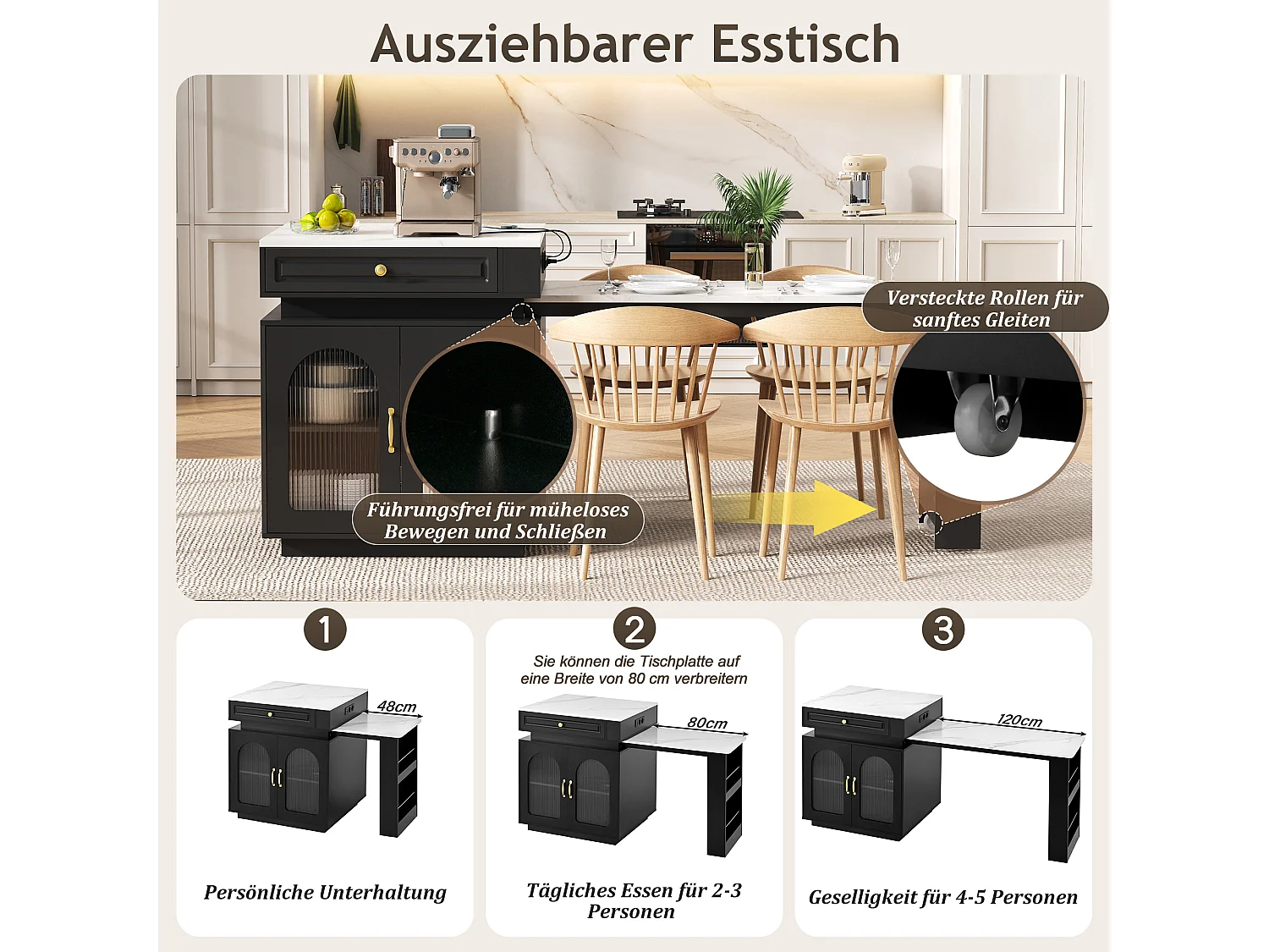 Îlot central de cuisine avec table à manger extensible - 2 portes, 2 tiroirs et 3 étagères à épices - 128/200x71x92 cm - MDF - LEDs et Prises - Noir