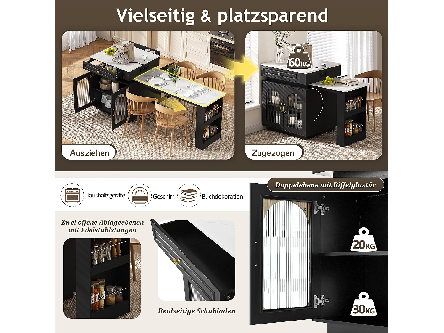Îlot central de cuisine avec table à manger extensible - 2 portes, 2 tiroirs et 3 étagères à épices - 128/200x71x92 cm - MDF - LEDs et Prises - Noir