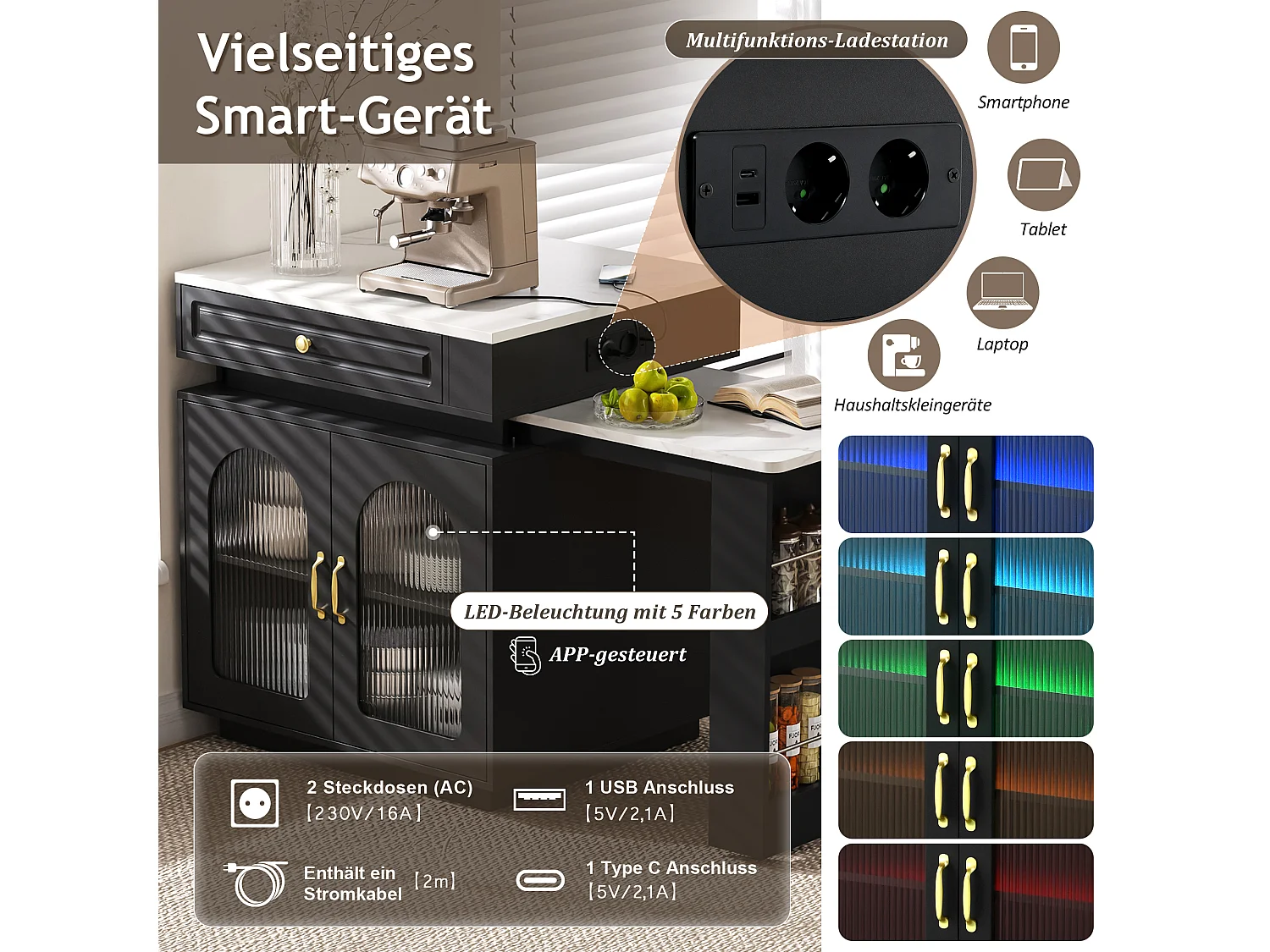 Îlot central de cuisine avec table à manger extensible - 2 portes, 2 tiroirs et 3 étagères à épices - 128/200x71x92 cm - MDF - LEDs et Prises - Noir