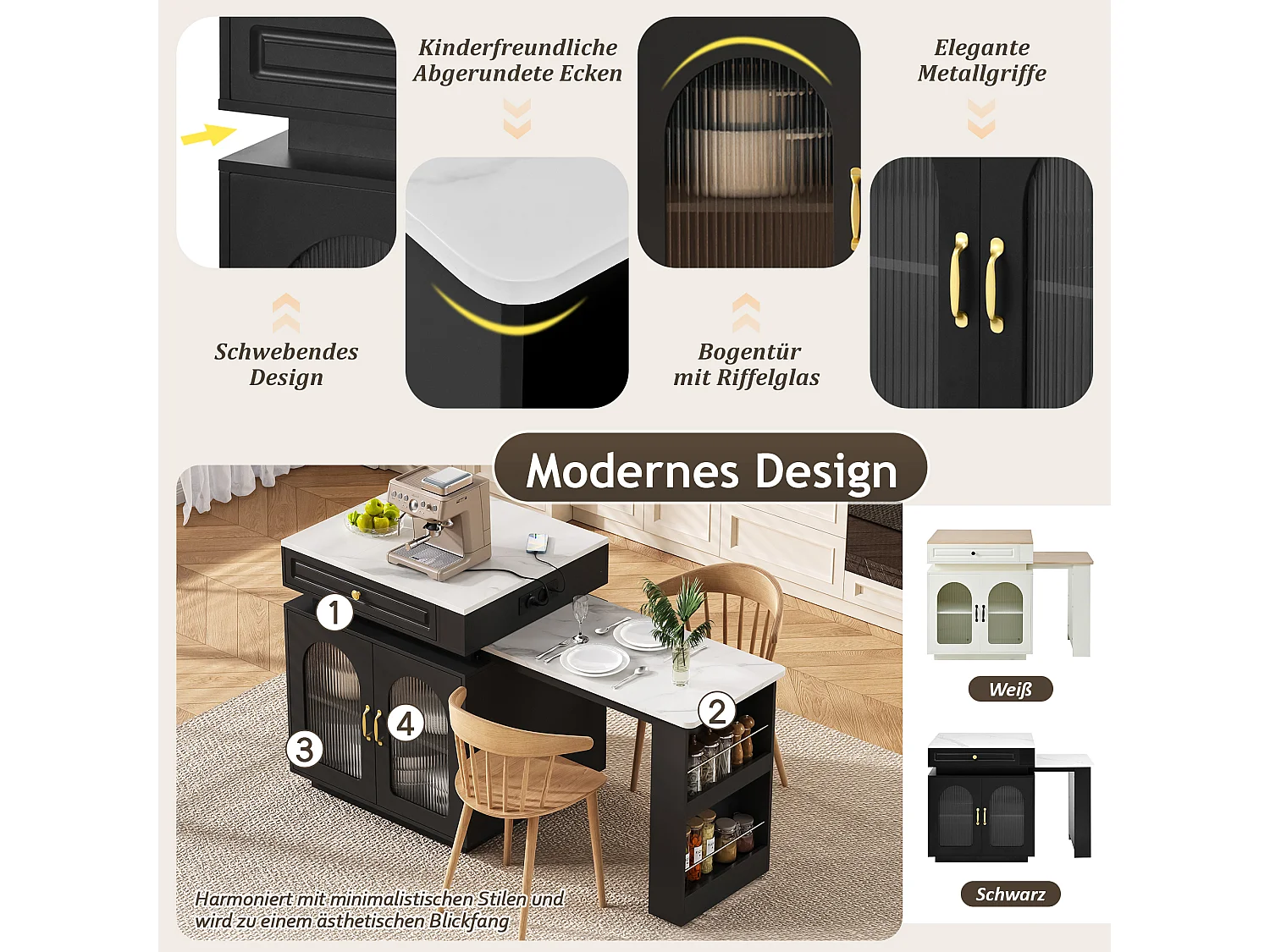 Îlot central de cuisine avec table à manger extensible - 2 portes, 2 tiroirs et 3 étagères à épices - 128/200x71x92 cm - MDF - LEDs et Prises - Noir