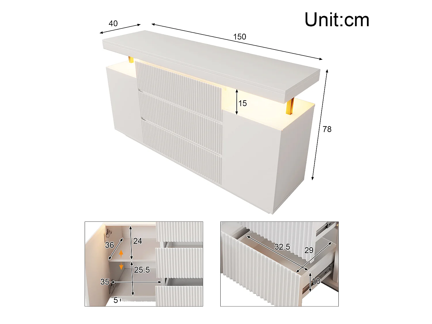 Credenza con illuminazione a LED, 6 cassetti e 2 ante con frontali scanalati - MDF e metallo - 150 x 40 x 78 cm - Bianco
