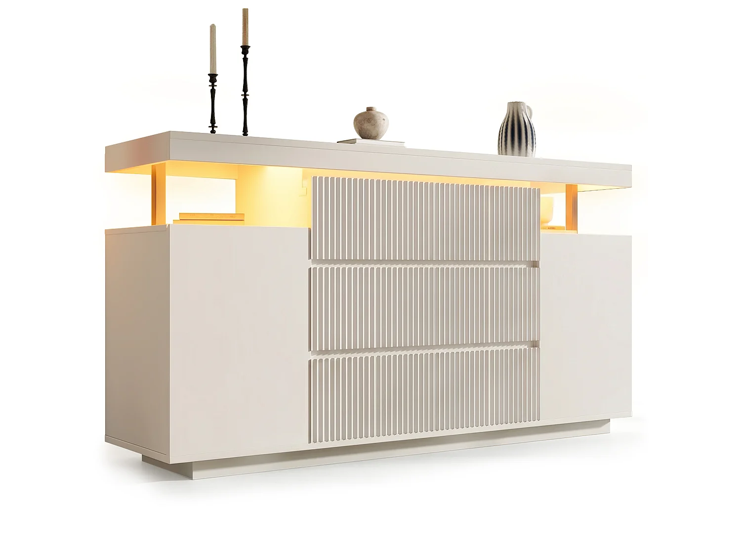 Credenza con illuminazione a LED, 6 cassetti e 2 ante con frontali scanalati - MDF e metallo - 150 x 40 x 78 cm - Bianco