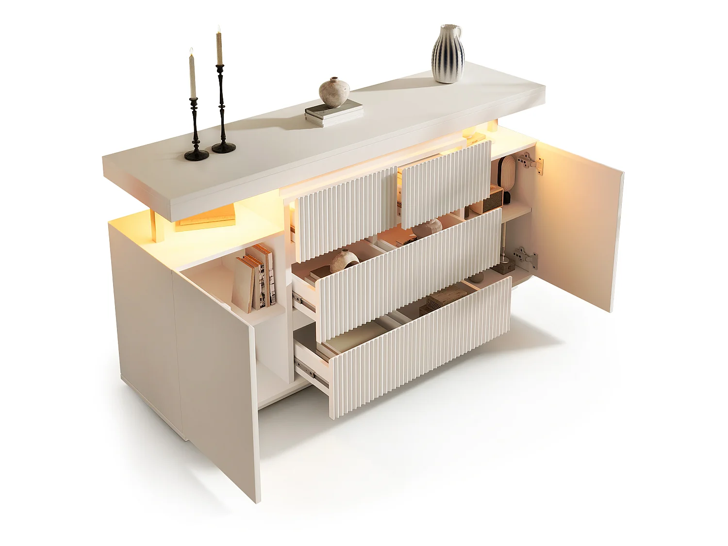 Credenza con illuminazione a LED, 6 cassetti e 2 ante con frontali scanalati - MDF e metallo - 150 x 40 x 78 cm - Bianco