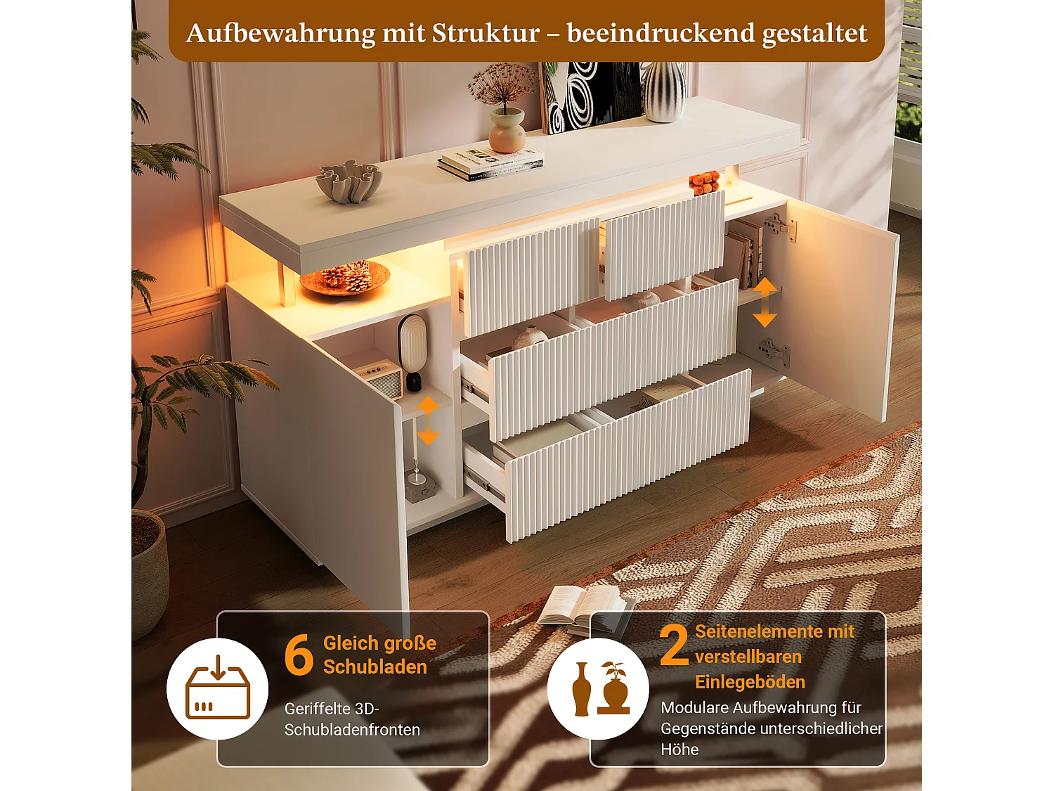 Credenza con illuminazione a LED, 6 cassetti e 2 ante con frontali scanalati - MDF e metallo - 150 x 40 x 78 cm - Bianco