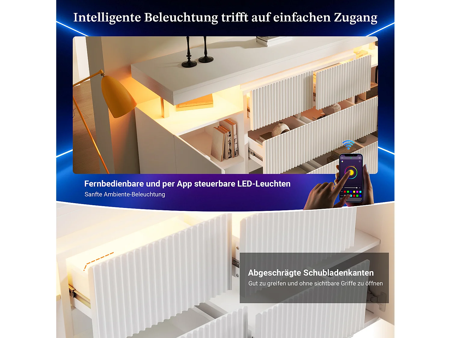 Credenza con illuminazione a LED, 6 cassetti e 2 ante con frontali scanalati - MDF e metallo - 150 x 40 x 78 cm - Bianco