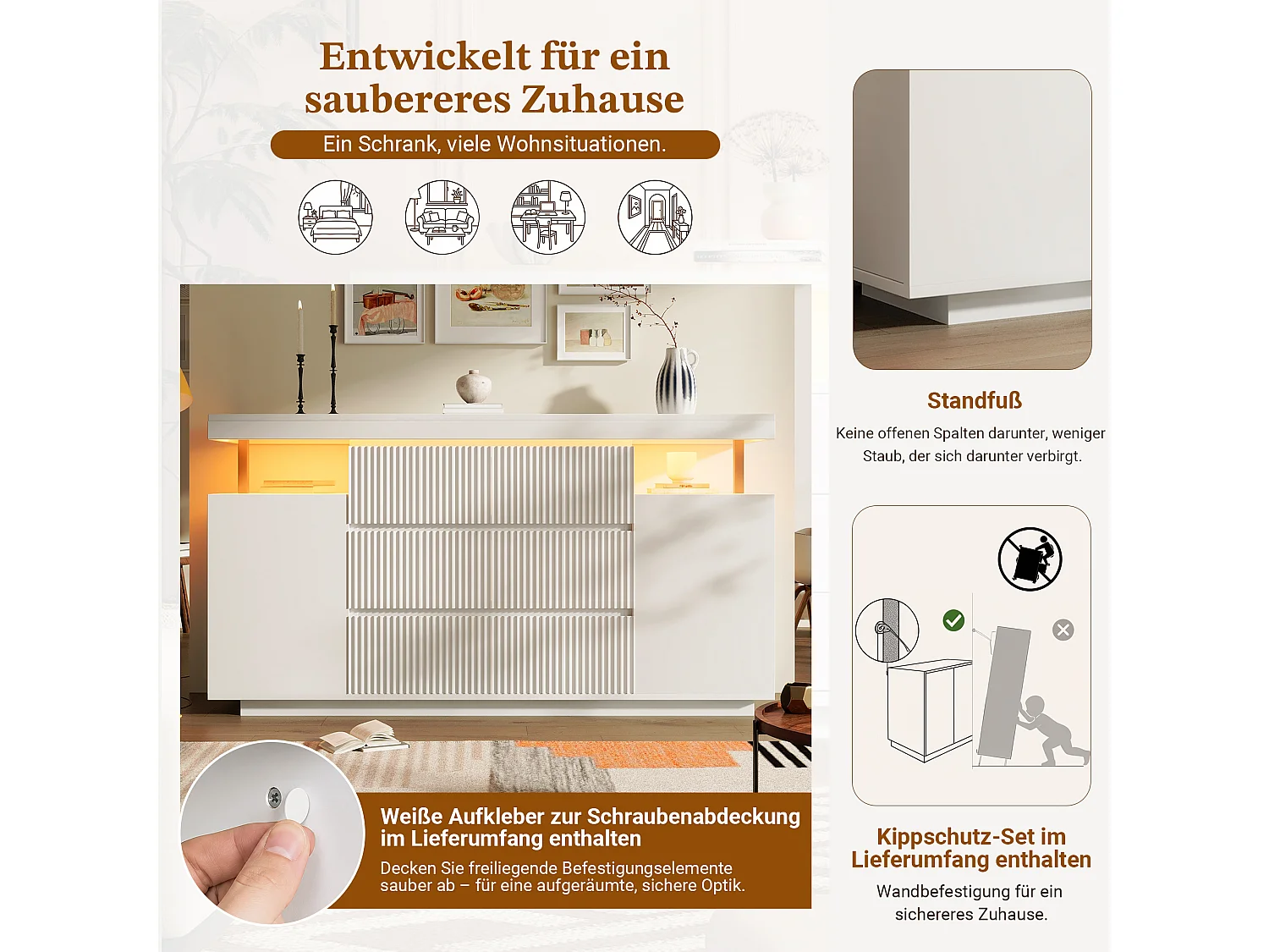 Credenza con illuminazione a LED, 6 cassetti e 2 ante con frontali scanalati - MDF e metallo - 150 x 40 x 78 cm - Bianco