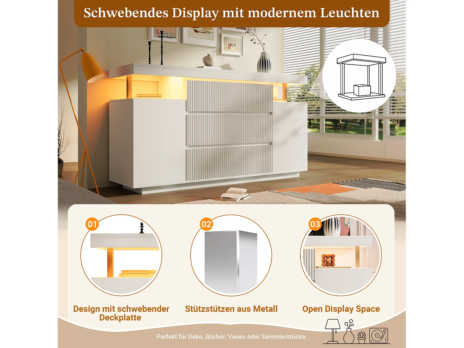 Credenza con illuminazione a LED, 6 cassetti e 2 ante con frontali scanalati - MDF e metallo - 150 x 40 x 78 cm - Bianco