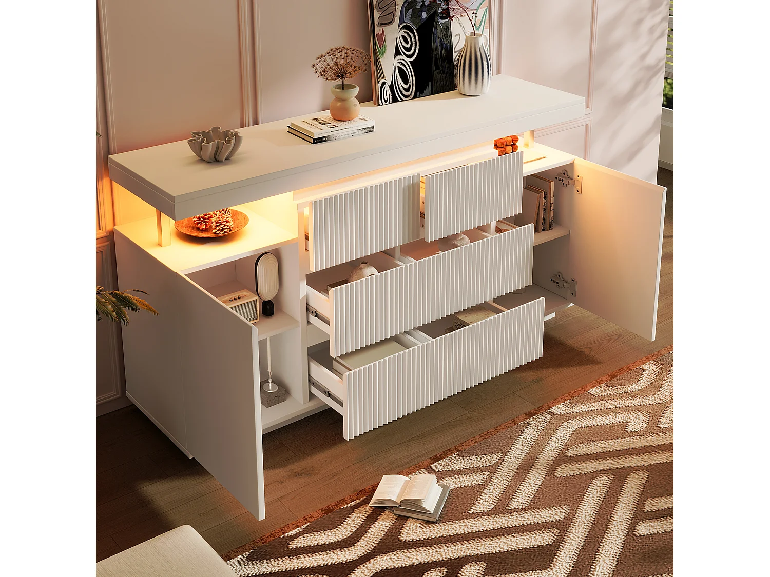 Credenza con illuminazione a LED, 6 cassetti e 2 ante con frontali scanalati - MDF e metallo - 150 x 40 x 78 cm - Bianco