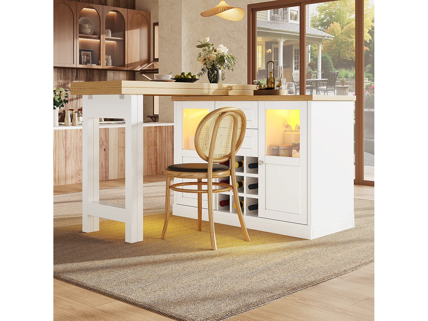Utdragbar köksö med 360° vridbar topp, LED-belysning, 2 lådor, 2 dörrar och vinställ - MDF - 120-197 x 40 x 72 cm - Vit