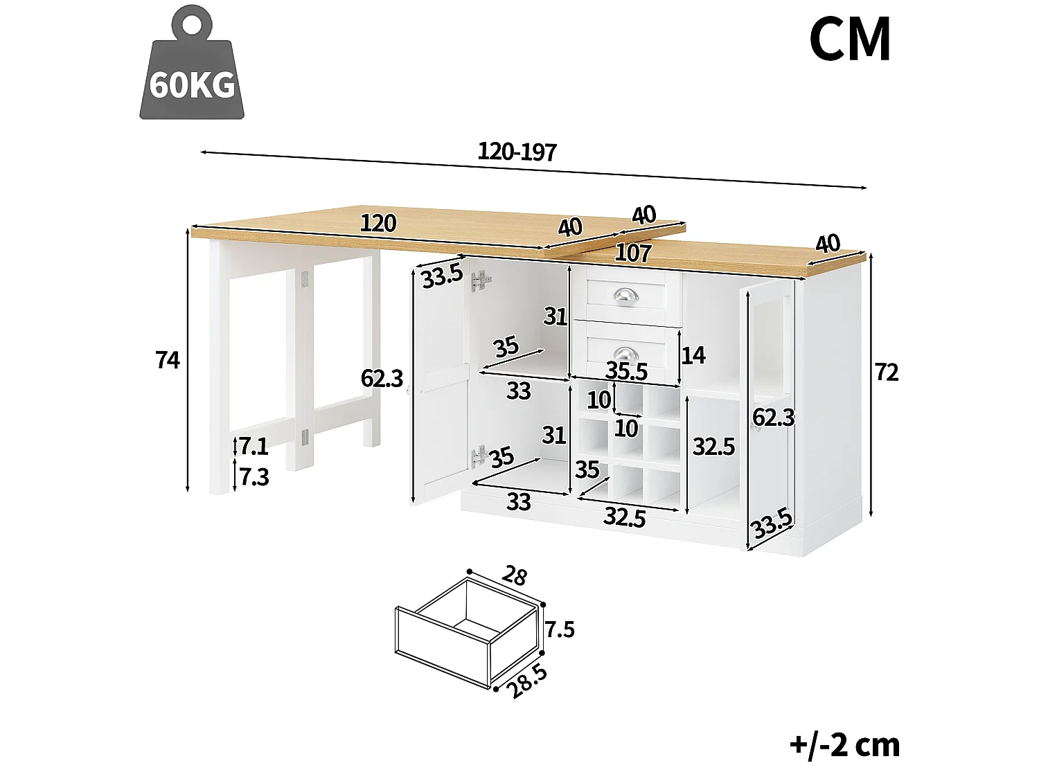 Utdragbar köksö med 360° vridbar topp, LED-belysning, 2 lådor, 2 dörrar och vinställ - MDF - 120-197 x 40 x 72 cm - Vit