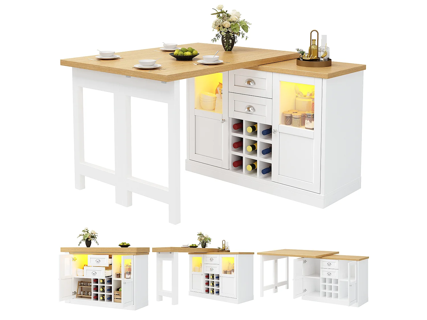 Utdragbar köksö med 360° vridbar topp, LED-belysning, 2 lådor, 2 dörrar och vinställ - MDF - 120-197 x 40 x 72 cm - Vit
