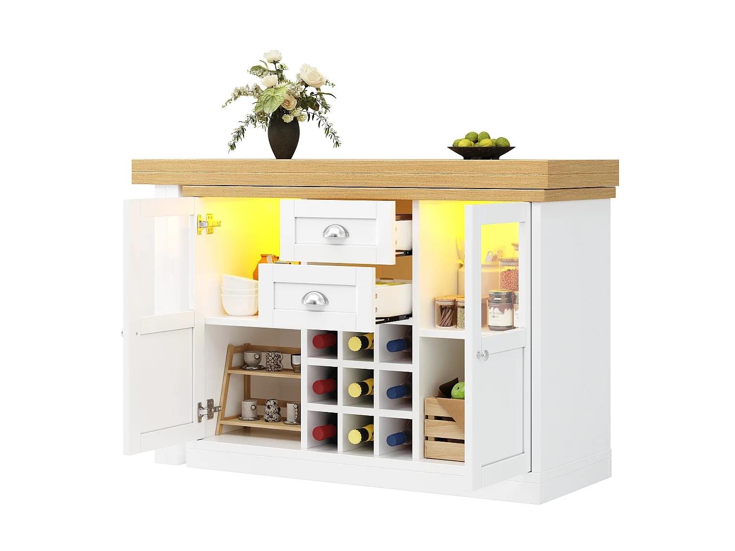 Utdragbar köksö med 360° vridbar topp, LED-belysning, 2 lådor, 2 dörrar och vinställ - MDF - 120-197 x 40 x 72 cm - Vit