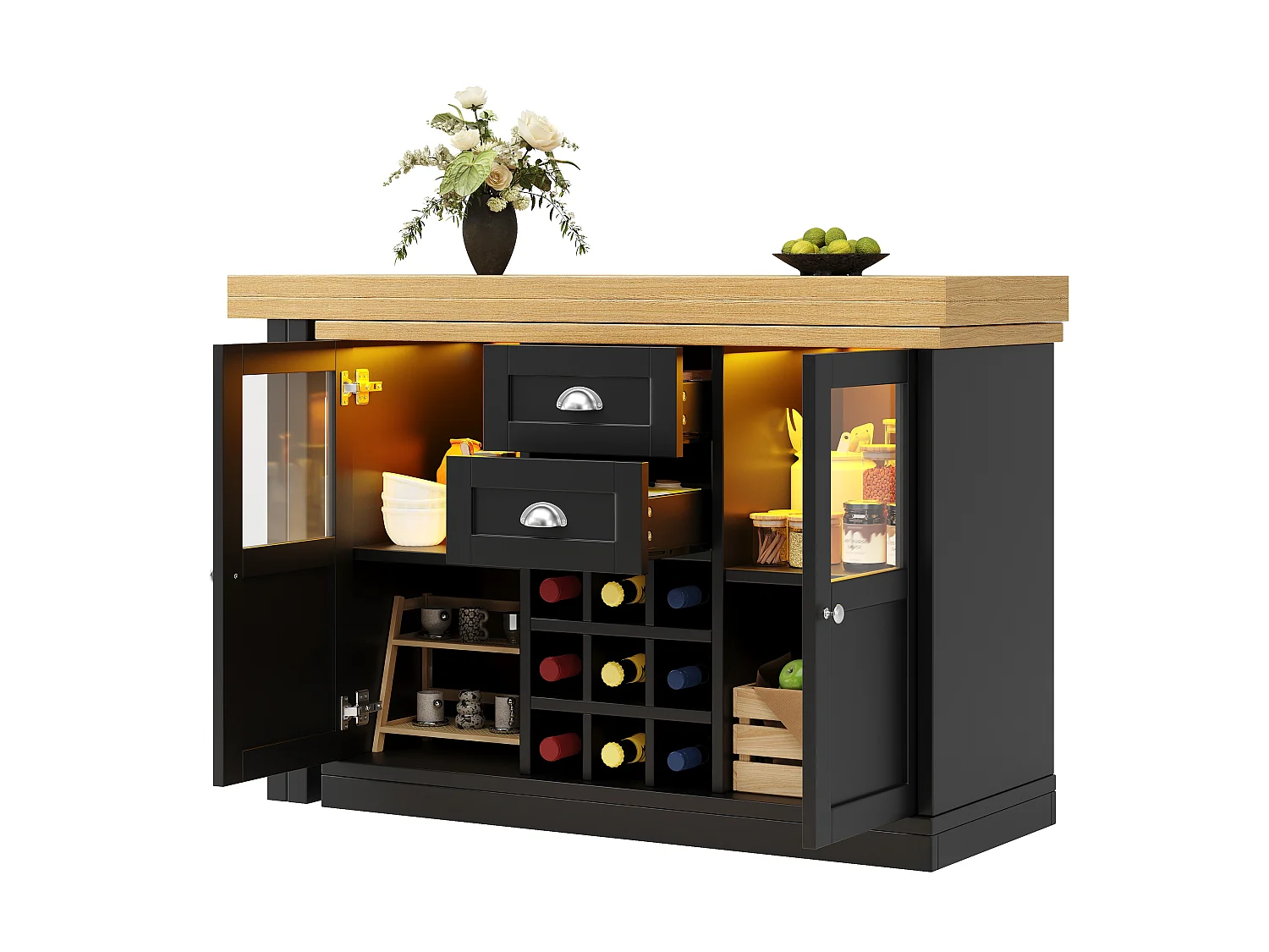 Utdragbar köksö med 360° vridbar topp, LED-belysning, 2 lådor, 2 dörrar och vinställ - MDF - 120-197 x 40 x 72 cm - Svart