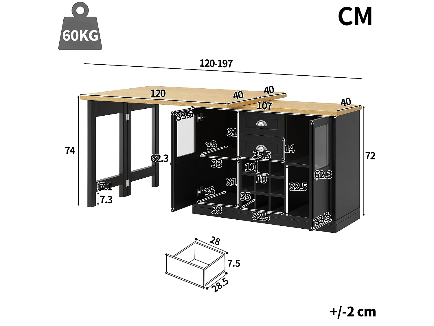 Utdragbar köksö med 360° vridbar topp, LED-belysning, 2 lådor, 2 dörrar och vinställ - MDF - 120-197 x 40 x 72 cm - Svart