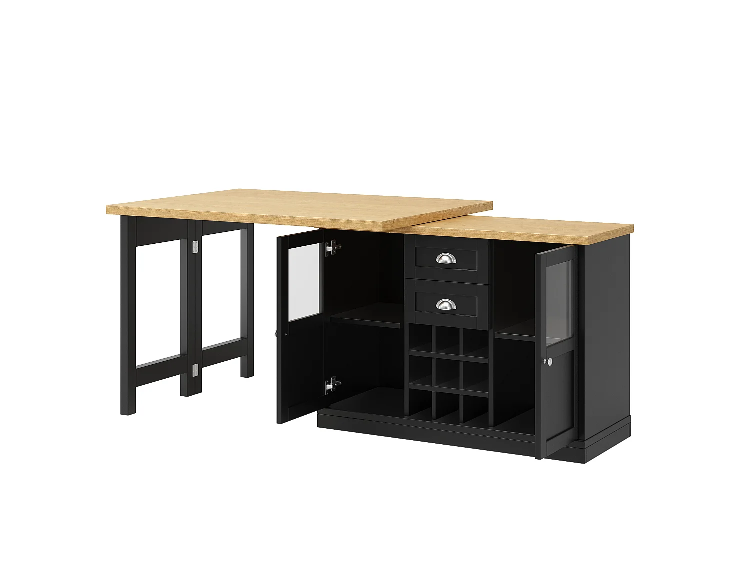 Utdragbar köksö med 360° vridbar topp, LED-belysning, 2 lådor, 2 dörrar och vinställ - MDF - 120-197 x 40 x 72 cm - Svart